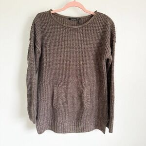 Daisy Fuentes Brown Kangaroo Pocket Scoop Neck Pullover Sweater Lagenlook Small